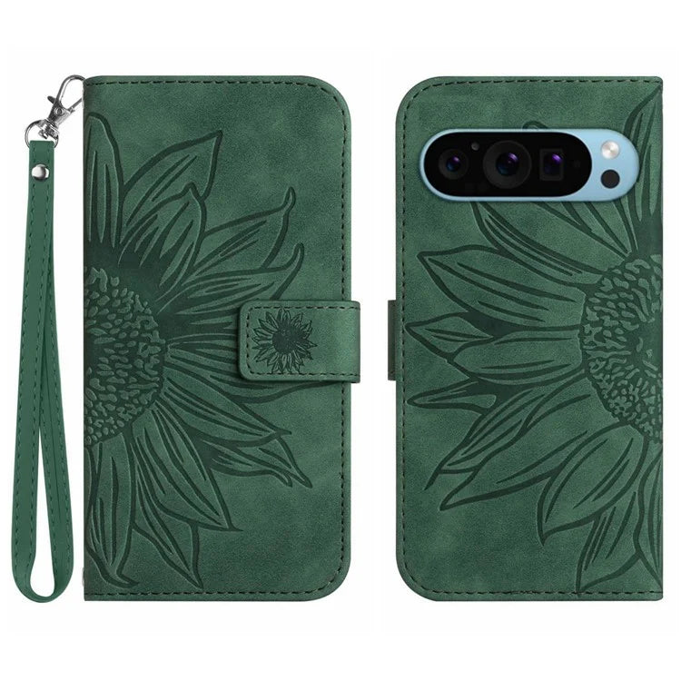 HT04 For Google Pixel 9 Pro Sunflower Case with Strap Wallet Leather Phone Cover