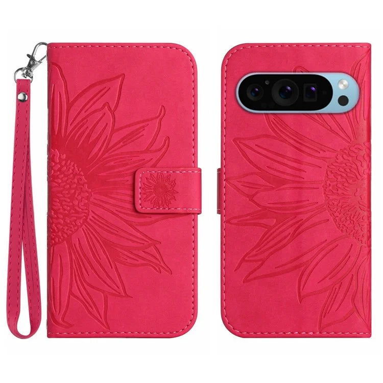 HT04 For Google Pixel 9 Pro Sunflower Case with Strap Wallet Leather Phone Cover