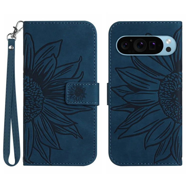 HT04 For Google Pixel 9 Pro Sunflower Case with Strap Wallet Leather Phone Cover