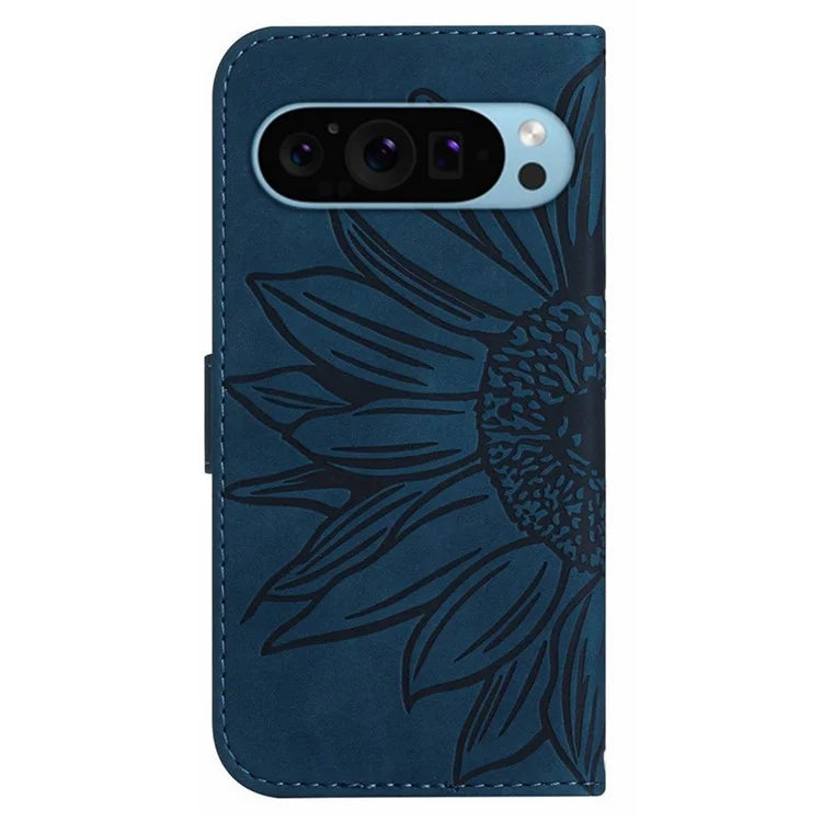 HT04 For Google Pixel 9 Pro Sunflower Case with Strap Wallet Leather Phone Cover