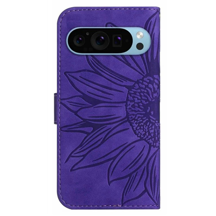 HT04 For Google Pixel 9 Pro Sunflower Case with Strap Wallet Leather Phone Cover
