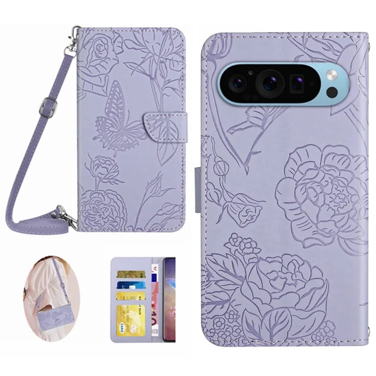 HT03 For Google Pixel 9 Case Imprinted Leather Wallet Phone Cover with Shoulder Strap