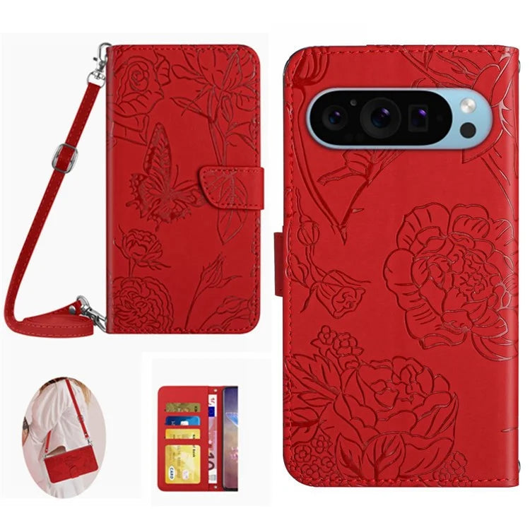 HT03 For Google Pixel 9 Case Imprinted Leather Wallet Phone Cover with Shoulder Strap