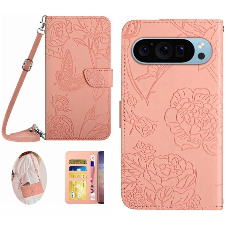 HT03 For Google Pixel 9 Case Imprinted Leather Wallet Phone Cover with Shoulder Strap