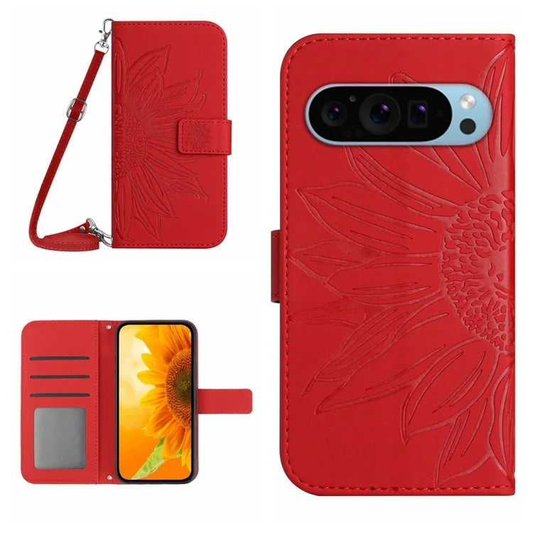 HT04 For Google Pixel 9 Case with Shoulder Strap Sunflower Wallet Phone Cover