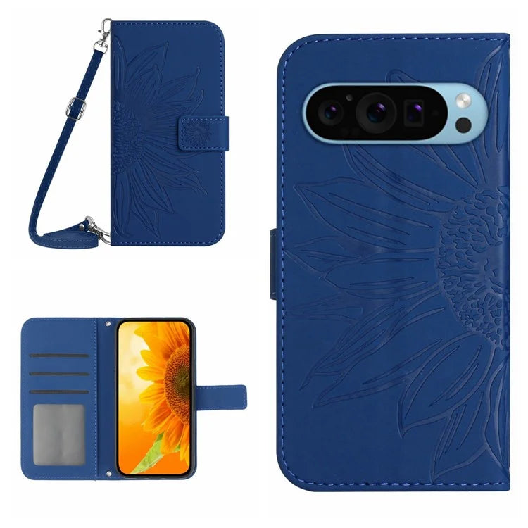 HT04 For Google Pixel 9 Case with Shoulder Strap Sunflower Wallet Phone Cover