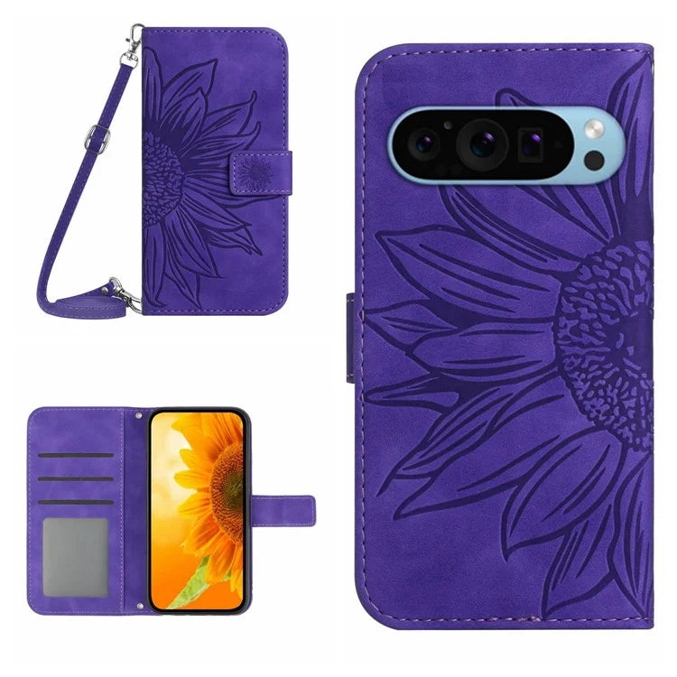 HT04 For Google Pixel 9 Case with Shoulder Strap Sunflower Wallet Phone Cover