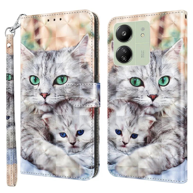 For Xiaomi Redmi 13C 4G / Poco C65 4G Magnetic Phone Case 3D Pattern Printing Wallet Cover
