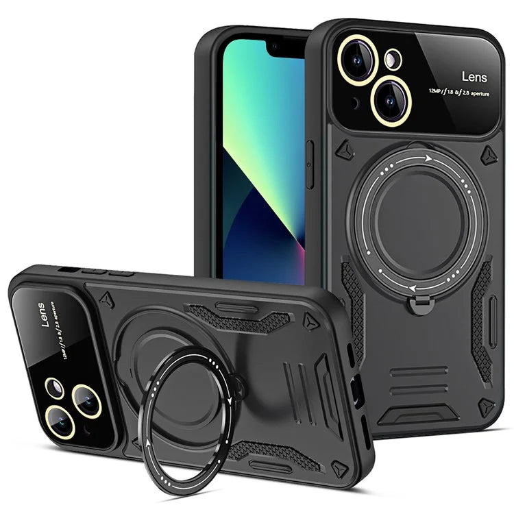 For iPhone 13 Phone Case Compatible with MagSafe PC+TPU Cover Rotary Kickstand
