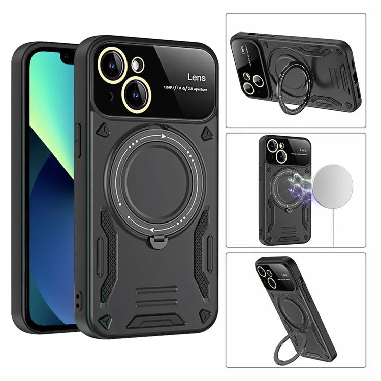 For iPhone 13 Phone Case Compatible with MagSafe PC+TPU Cover Rotary Kickstand