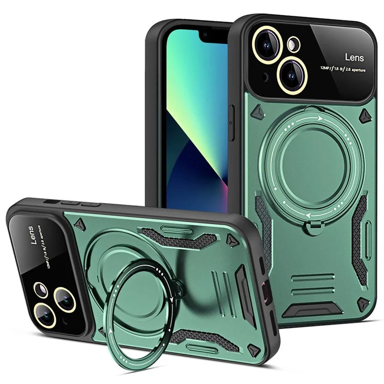 For iPhone 13 Phone Case Compatible with MagSafe PC+TPU Cover Rotary Kickstand