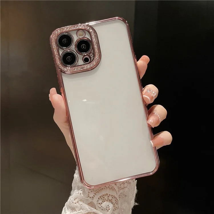 For iPhone 15 Pro Max Case Rhinestone Decor Electroplating Clear TPU Cover with PET Lens Guard