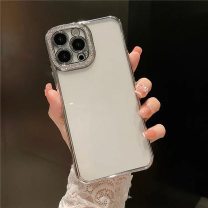 For iPhone 15 Pro Max Case Rhinestone Decor Electroplating Clear TPU Cover with PET Lens Guard