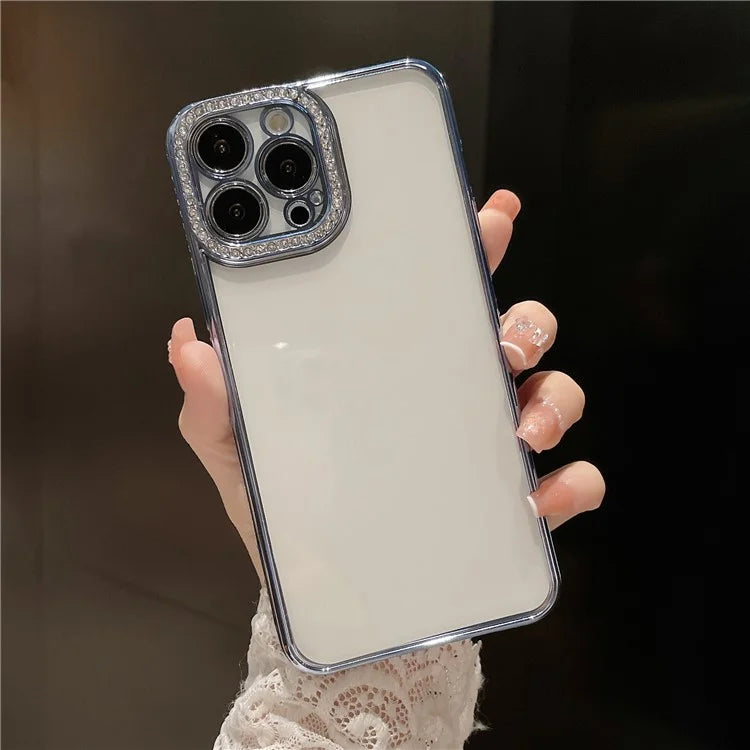 For iPhone 15 Pro Clear Case Rhinestone Decor Electroplating TPU Phone Cover
