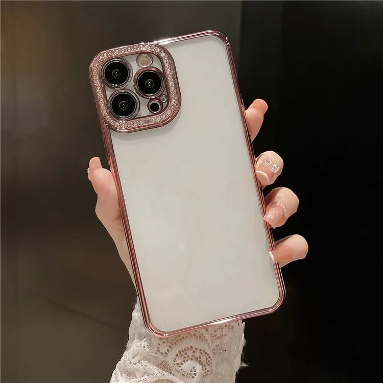 For iPhone 15 Pro Clear Case Rhinestone Decor Electroplating TPU Phone Cover