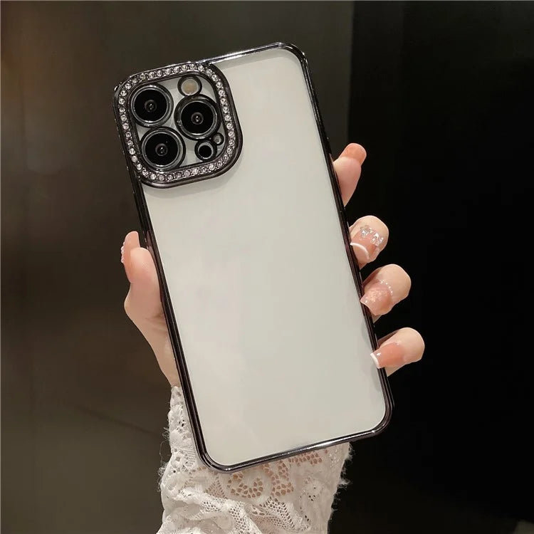 For iPhone 15 Pro Clear Case Rhinestone Decor Electroplating TPU Phone Cover