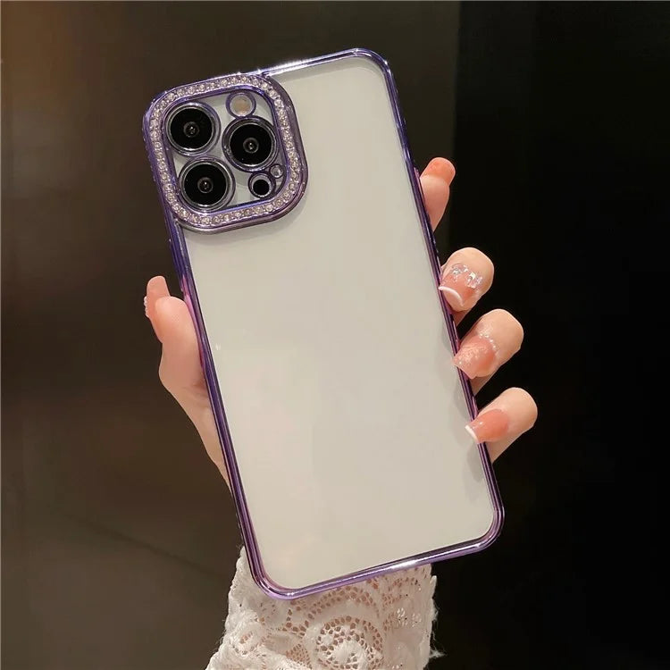 For iPhone 15 Pro Clear Case Rhinestone Decor Electroplating TPU Phone Cover