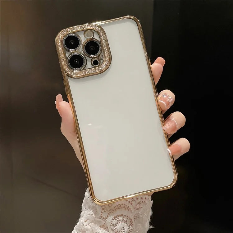 For iPhone 15 Pro Clear Case Rhinestone Decor Electroplating TPU Phone Cover