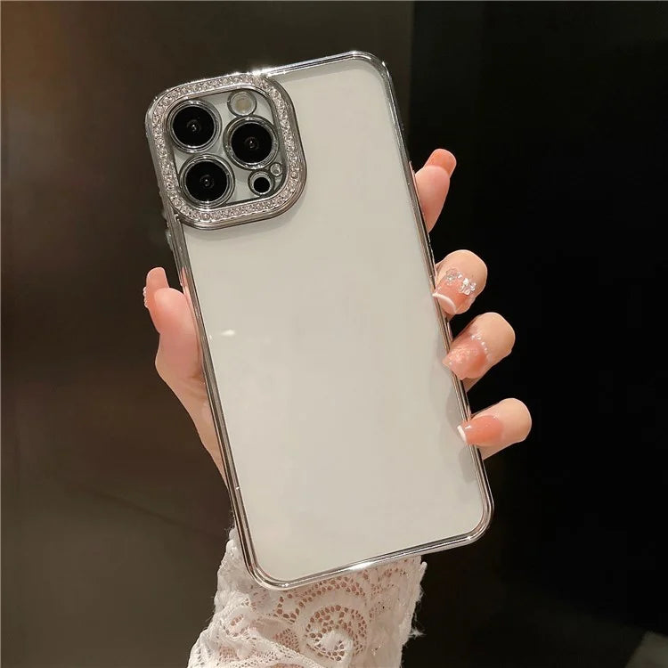 For iPhone 15 Pro Clear Case Rhinestone Decor Electroplating TPU Phone Cover