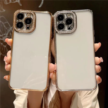 For iPhone 15 Pro Clear Case Rhinestone Decor Electroplating TPU Phone Cover