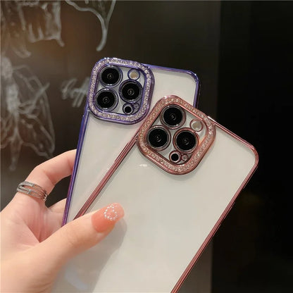 For iPhone 15 Pro Clear Case Rhinestone Decor Electroplating TPU Phone Cover
