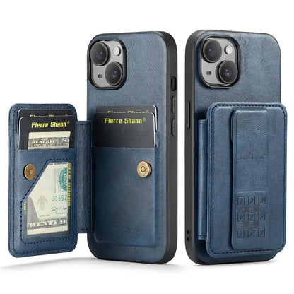 For iPhone 15 Plus Case Waxy Leather+TPU RFID Blocking Phone Shell with Card Slots