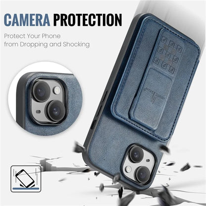 For iPhone 15 Plus Case Waxy Leather+TPU RFID Blocking Phone Shell with Card Slots