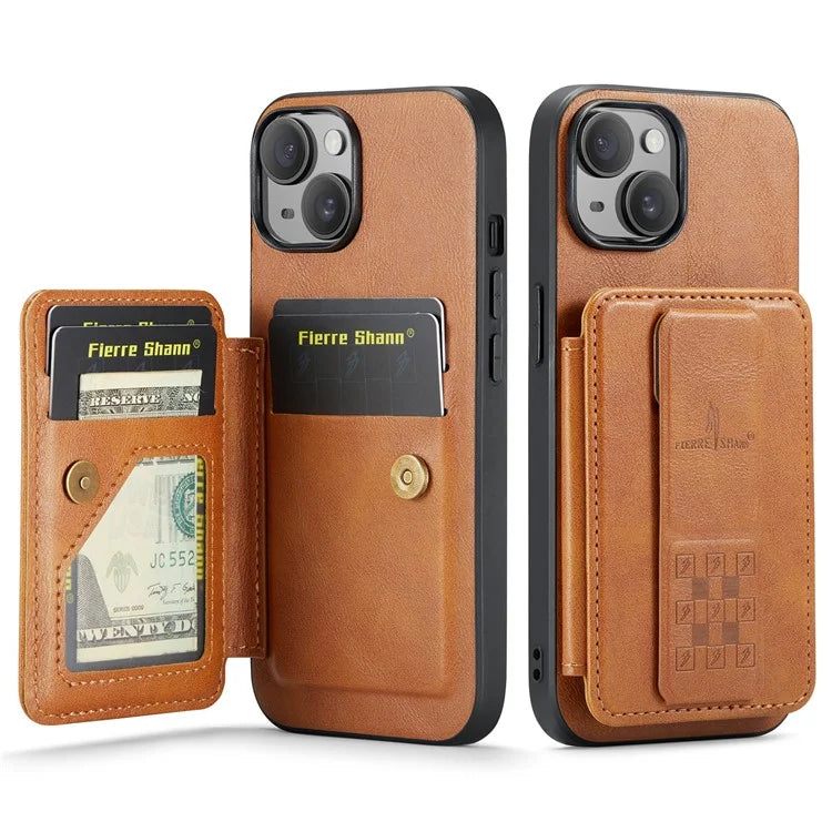 For iPhone 15 Plus Case Waxy Leather+TPU RFID Blocking Phone Shell with Card Slots