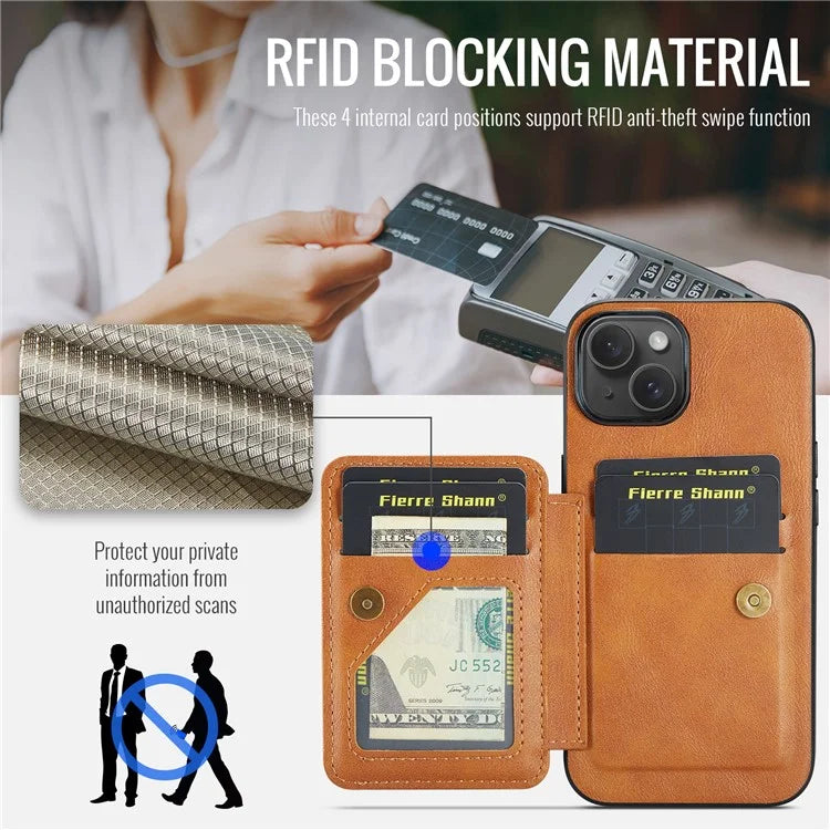 For iPhone 15 Plus Case Waxy Leather+TPU RFID Blocking Phone Shell with Card Slots