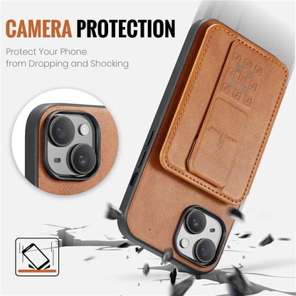 For iPhone 15 Plus Case Waxy Leather+TPU RFID Blocking Phone Shell with Card Slots