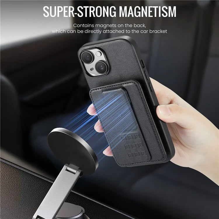 For iPhone 15 Plus Case Waxy Leather+TPU RFID Blocking Phone Shell with Card Slots
