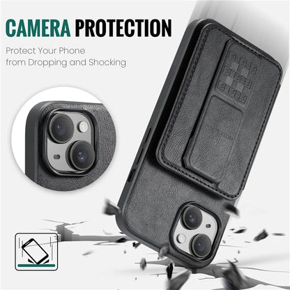 For iPhone 15 Plus Case Waxy Leather+TPU RFID Blocking Phone Shell with Card Slots