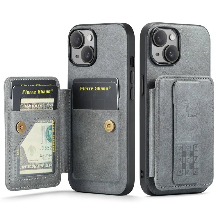 For iPhone 15 Plus Case Waxy Leather+TPU RFID Blocking Phone Shell with Card Slots