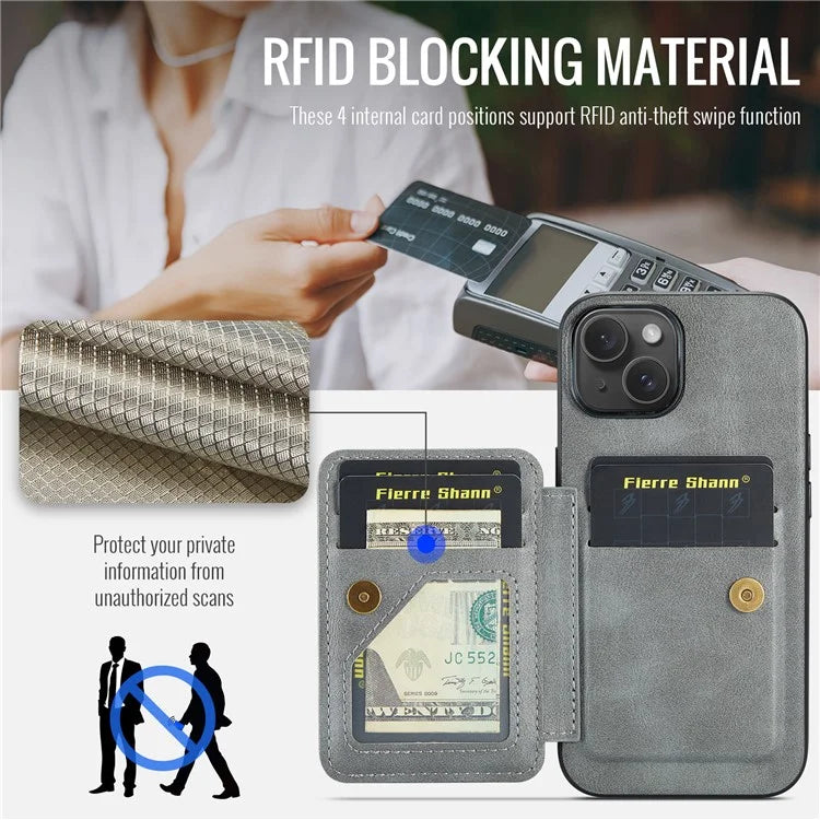 For iPhone 15 Plus Case Waxy Leather+TPU RFID Blocking Phone Shell with Card Slots