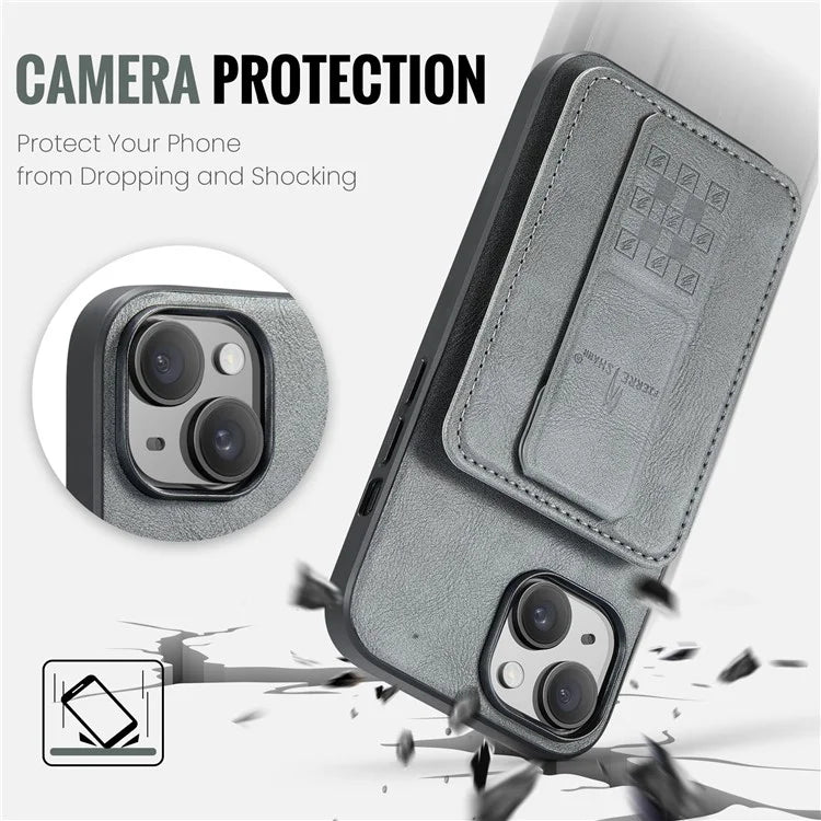 For iPhone 15 Plus Case Waxy Leather+TPU RFID Blocking Phone Shell with Card Slots