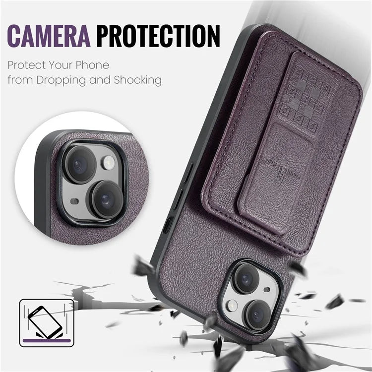 For iPhone 15 Plus Case Waxy Leather+TPU RFID Blocking Phone Shell with Card Slots