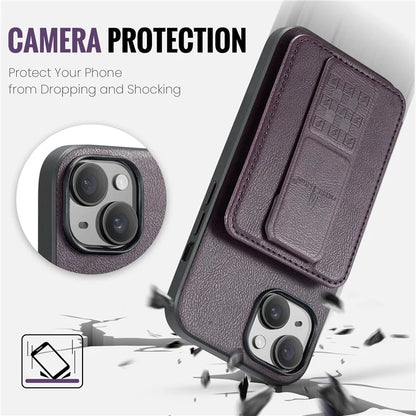 For iPhone 15 Plus Case Waxy Leather+TPU RFID Blocking Phone Shell with Card Slots