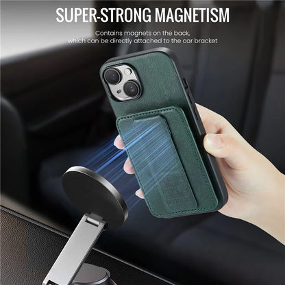 For iPhone 14 Plus Case Waxed Cowhide Texture Kickstand Protective Shell Fits Magnetic Car Holder