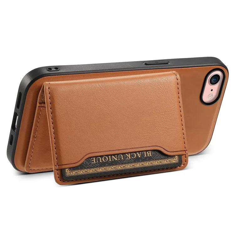 DENIOR For iPhone 7 / 8 / SE(2020) / SE(2022) Case Cowhide Texture Kickstand Phone Shell Compatible with MagSafe