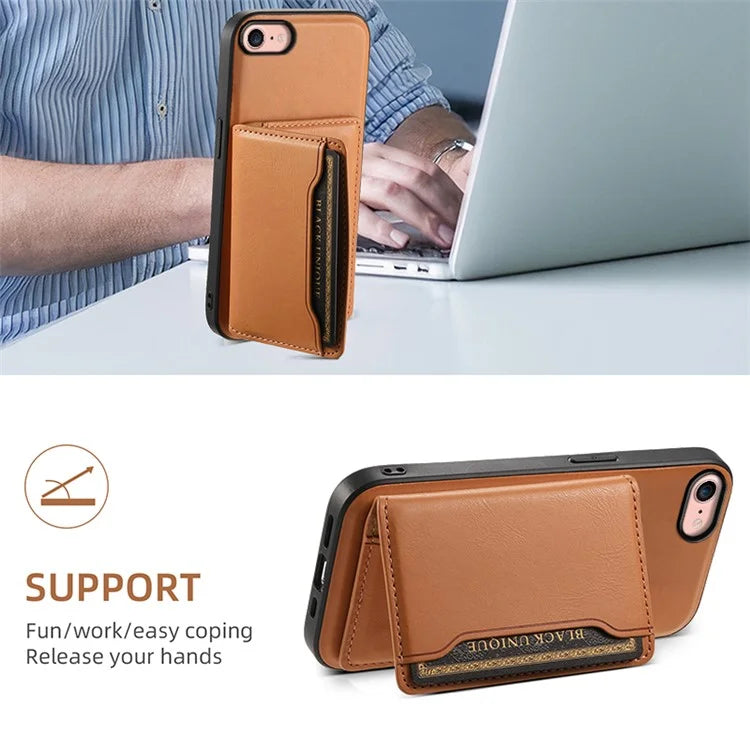 DENIOR For iPhone 7 / 8 / SE(2020) / SE(2022) Case Cowhide Texture Kickstand Phone Shell Compatible with MagSafe
