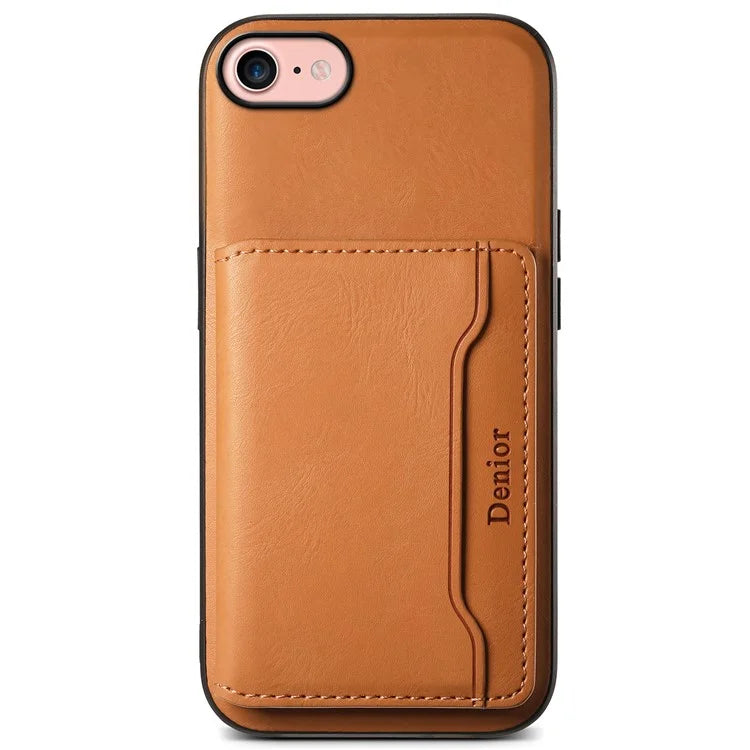 DENIOR For iPhone 7 / 8 / SE(2020) / SE(2022) Case Cowhide Texture Kickstand Phone Shell Compatible with MagSafe