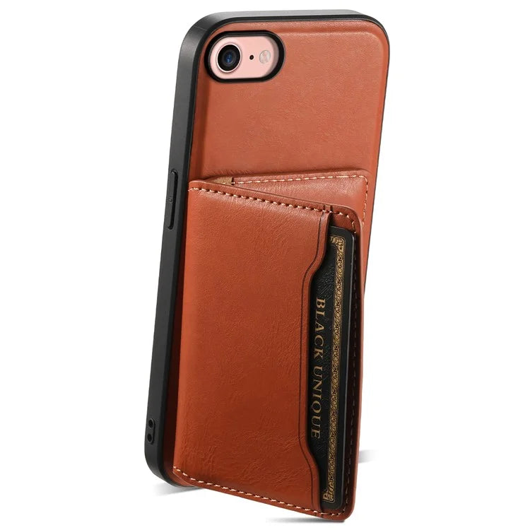 DENIOR For iPhone 7 / 8 / SE(2020) / SE(2022) Case Cowhide Texture Kickstand Phone Shell Compatible with MagSafe