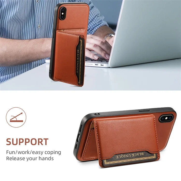 DENIOR For iPhone XS Max 6.5 inch Case Kickstand Cowhide Texture Phone Purse Cover Compatible with MagSafe