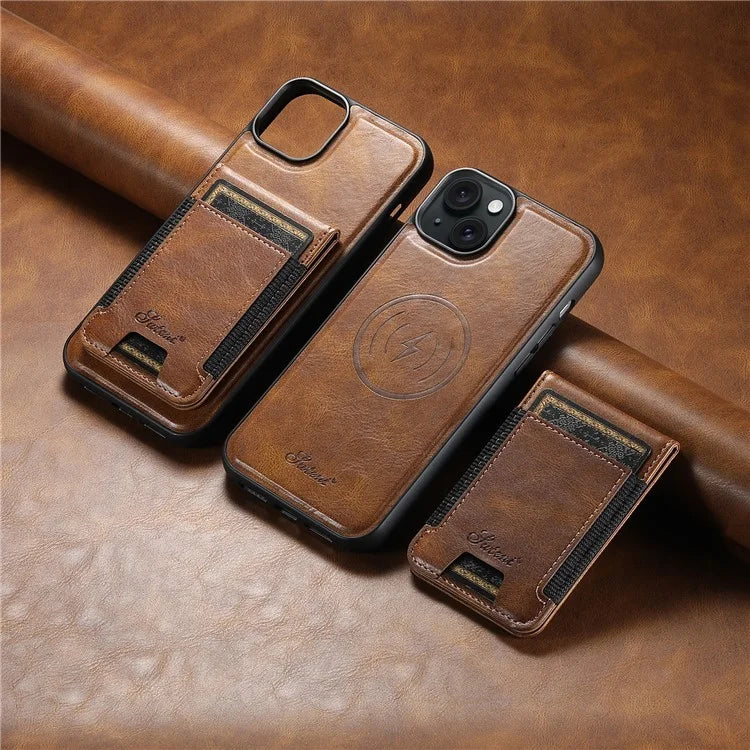 SUTENI H17 For iPhone 13 PU+TPU Case Compatible with MagSafe Card Holder Kickstand Phone Case
