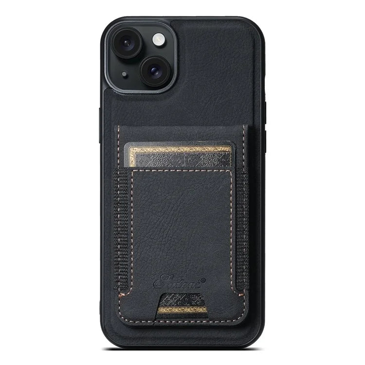 SUTENI H17 For iPhone 14 Plus Magnetic Case Litchi Texture Kickstand Phone Back Shell