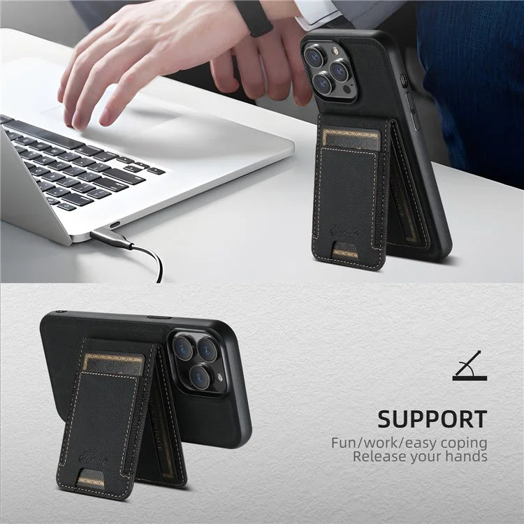 SUTENI H17 For iPhone 13 Pro Magnetic Case Card Slots Leather+TPU Kickstand Phone Cover