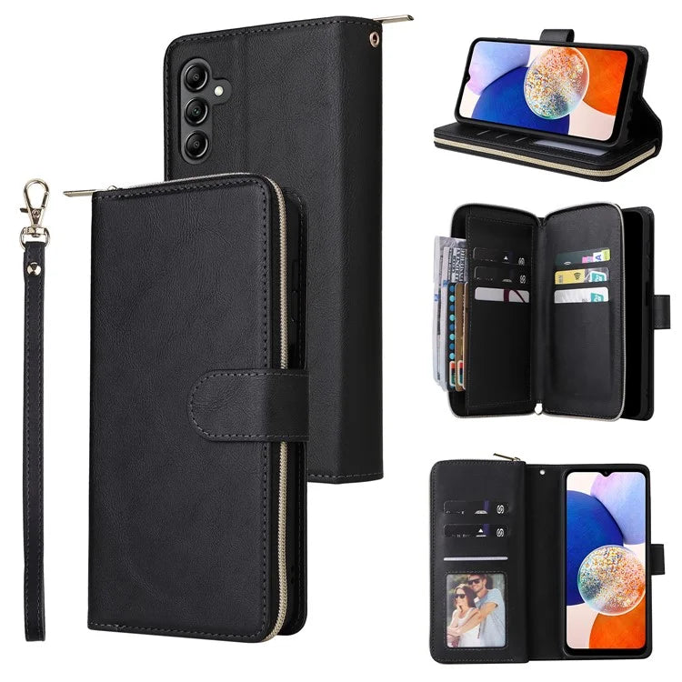 For Samsung Galaxy A15 4G / A15 5G Case Leather 9 Card Slots Phone Cover with Wrist Strap