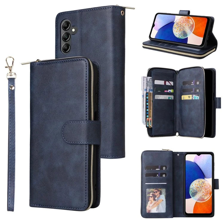 For Samsung Galaxy A15 4G / A15 5G Case Leather 9 Card Slots Phone Cover with Wrist Strap