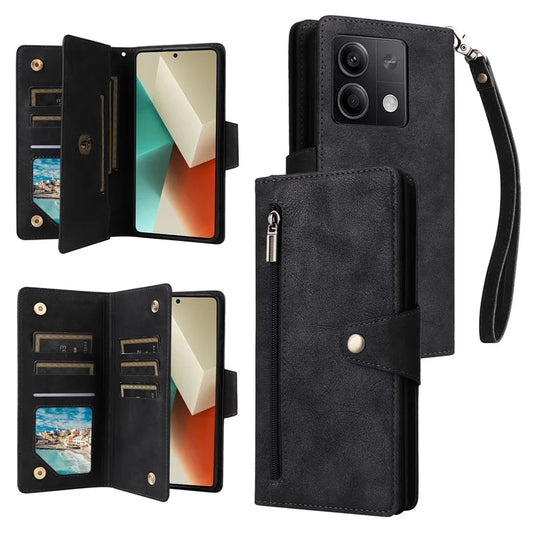 For Xiaomi Redmi Note 13 5G Leather Case Rivet Decor 9 Card Holder Slots Zipper Pocket Cover