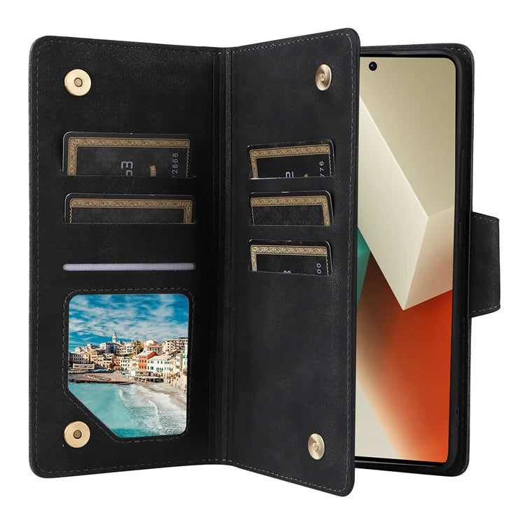 For Xiaomi Redmi Note 13 5G Leather Case Rivet Decor 9 Card Holder Slots Zipper Pocket Cover